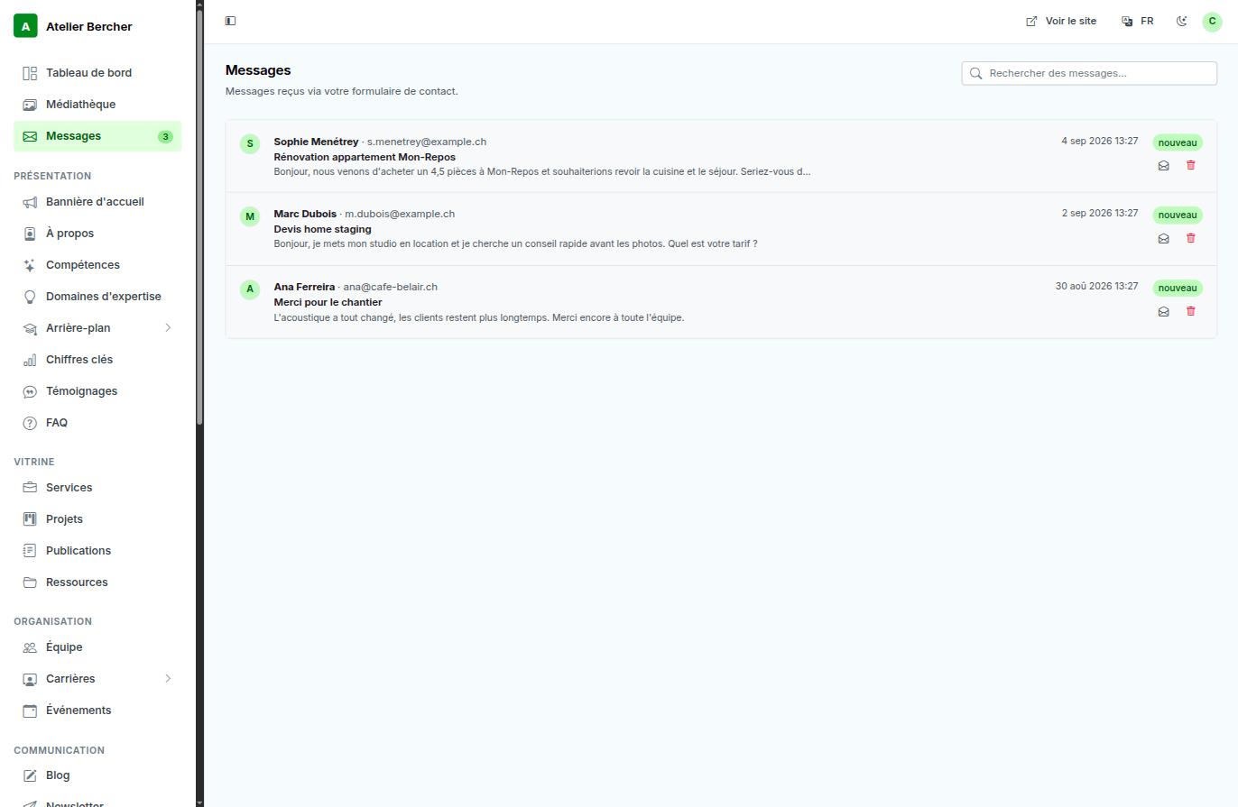 The Messages screen: sender, subject, excerpt, date and a new badge.